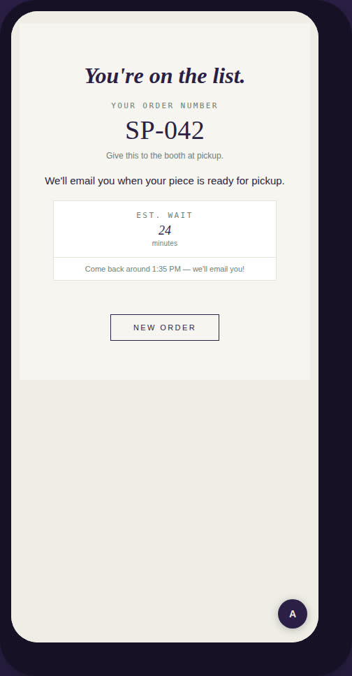 Thank-you screen with order number and come-back time